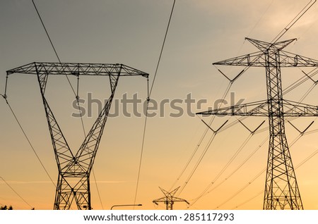Silhouette of pylons in sunset at Fairwood, King County, Washington State, USA