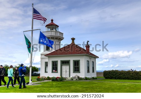 WASHINGTON, WA - APR 12, 2015 - Mukilteo Lighthouse at Mukilteo, Washington State, USA. It\'s a State Coastal Lighthouse (nautical beacon), has built in 1906.