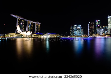 The reflection of Singapore City Skyline along Singapore River at Night