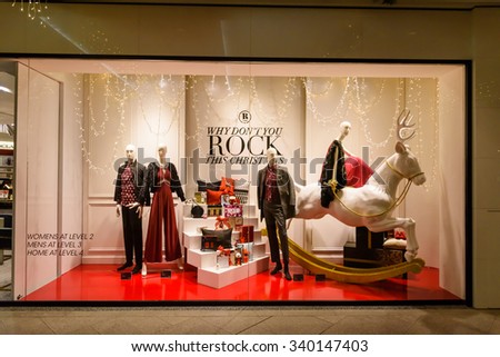 SINGAPORE â?? NOV 17, 2015: Fashion boutique/outlet/windows advertisement with Christmas decoration at JEM Robinsons Shopping Mall. It\'s a retail company which has stores in Singapore and Malaysia