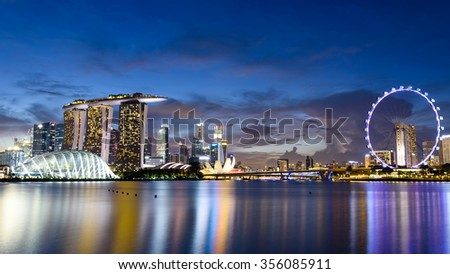 Singapore Skylines, Downtown and Financial District buildings reflection along the Singapore River at Blue Hour. Modern City Background. Urban night view. Panoramic style