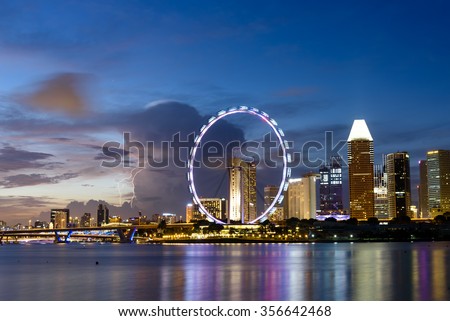 Singapore Skylines, Downtown and Financial District buildings reflection along the Singapore River at Blue Hour. Modern City Background. Urban night view.