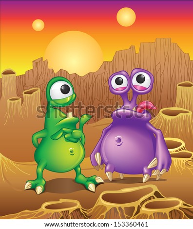 Two cartoon alien creatures on a background of alien planet landscape with three suns.