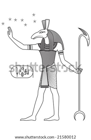 stock photo : Egyptian god of chaos with scepter of power and hieroglyphs