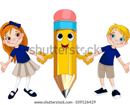 Little girl and boy holding hands of a giant pencil Little girl and boy holding hands of a giant pencil