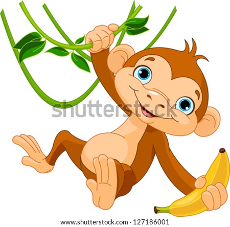 Cute baby monkey on a tree holding banana - stock vector