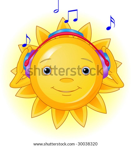stock vector : Cartoon Character of Cute Summer Sun listening to music