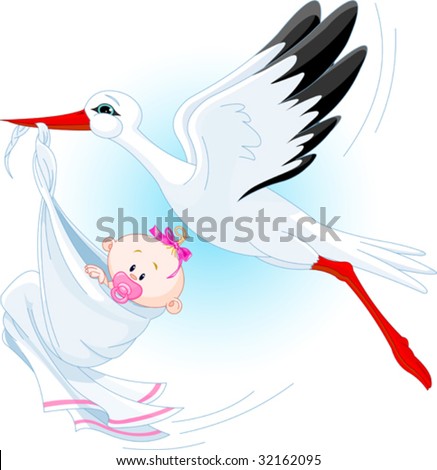  A cartoon vector illustration of a stork delivering a newborn baby girl