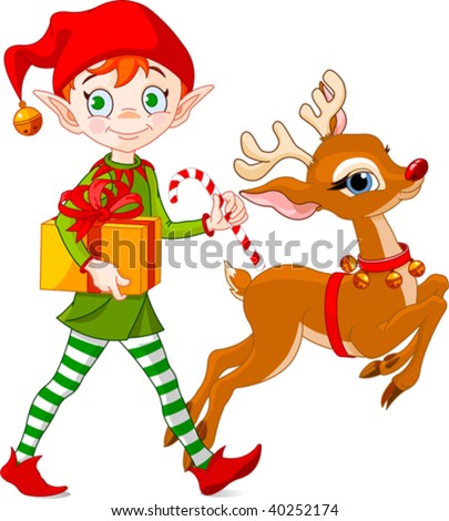 Christmas Elf Carries Gifts Together With Rudolph The Red-Nosed