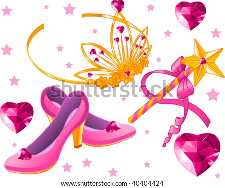 stock vector : Beautiful princess crown, scepter, magic wand, 