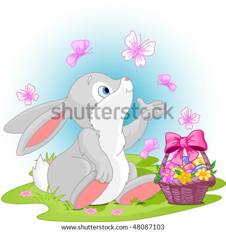 easter eggs in a basket with a bunny. near Easter eggs basket.