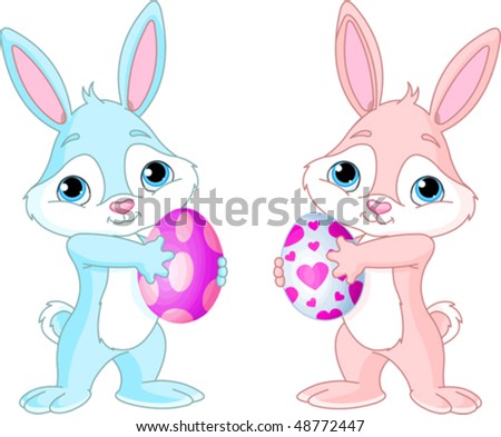 cute easter bunnies and eggs. stock vector : Two Cute Easter
