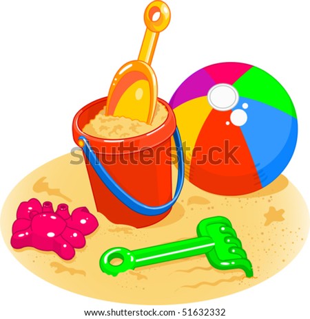 stock vector : Cartoon style illustrations of a beach ball, pail, 