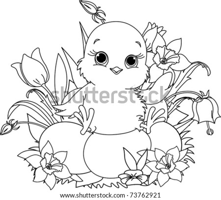 Easter Coloring Pages on Newborn Chick Sitting On Easter Eggs   Coloring Page Stock Vector