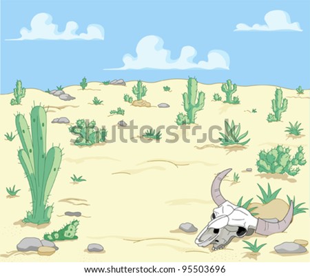 A Desert  Landscape with cactuses  and scull