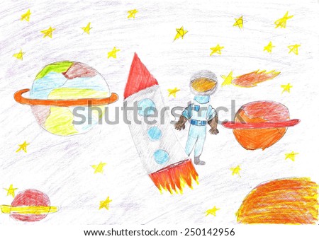 Flight of the rocket and astronauts in the universe and the space planets