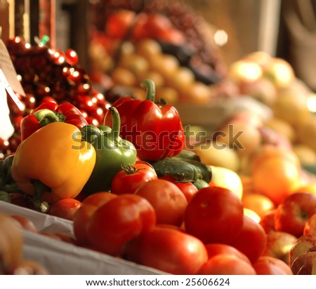A picture of fresh tomatoes, bell peppers and other vegetables.  Look for more in MY PORTFOLIO