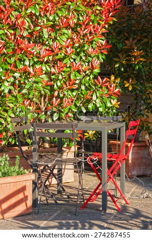 Red steel chair among black chairs in the garden cafe.