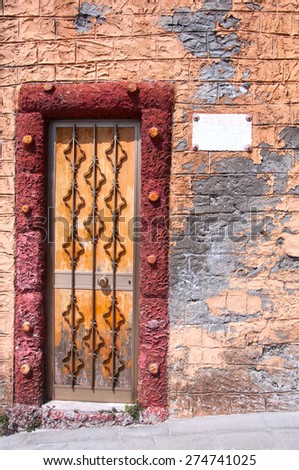 Old colorful wooden door with wrought iron grill.