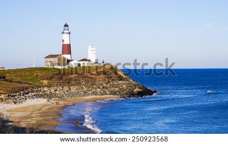 Atlantic ocean waves on the beach at Montauk Point Light, Lighthouse,, Long Island, New York, Suffolk County in Winter
