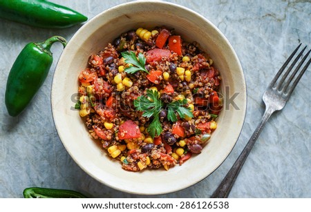 Mexican quinoa warm salad, chili, vegetarian food
