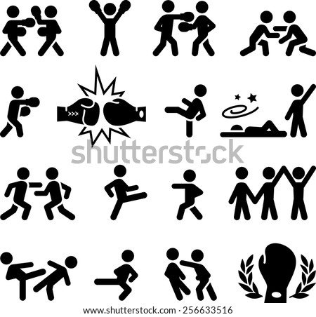 Fighting, wrestling, martial arts and boxing icons. Vector icons for digital and print projects.