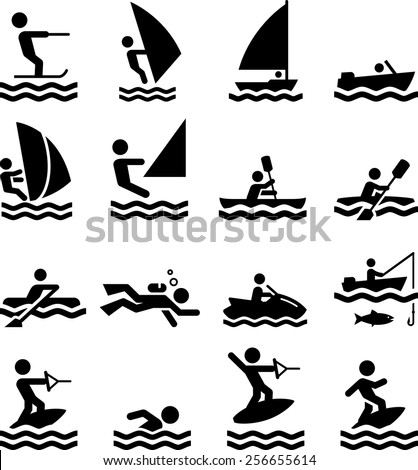 Boating, swimming and other water activities. Vector icons for digital and print projects.