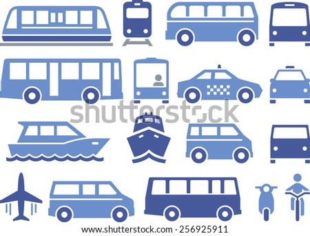 Forms of public transportation. Includes trains, buses, boats, vans and more.