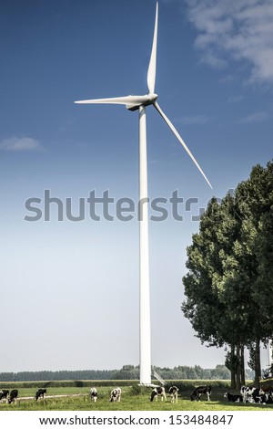eco energy produced by modern windmill in a meadow with cows