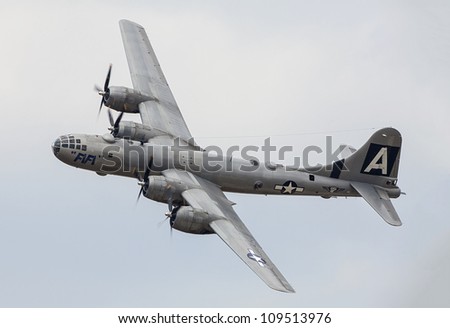 YPSILANTI - AUGUST 4 : The only flying B-29 bomber in the world makes a pass at the Thunder over Michigan air show  August 4, 2012 in Ypsilanti, Michigan.