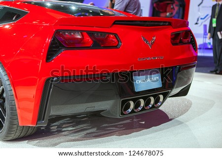 DETROIT - JANUARY14 : Rear view of the new 2014 Corvette Stingray at the NAIAS media preview January 14, 2013 in Detroit, Michigan.