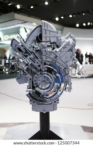 DETROIT - JANUARY 15 : A cutaway display of the Chevrolet Ecotec engine at The North American International Auto Show  January 15, 2013 in Detroit, Michigan.