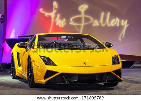 DETROIT - JANUARY 12 : A Lamborghini on display at The Gallery media preview in the MGM Grand Casino January 12, 2014 in Detroit, Michigan.