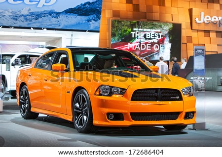 DETROIT - JANUARY 16 : A Dodge Charger SRT Super Bee on display at the North American International Auto Show media preview  January 16, 2014 in Detroit, Michigan.