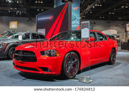 CHICAGO - FEBRUARY 6 : A Dodge Charger on display at the Chicago Auto Show media preview February 6, 2014 in Chicago, Illinois.