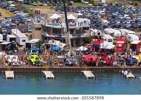DETROIT - JULY 13: Aerial view of the pits and pit tower at the APBA Gold Cup July 13, 2014 on the Detroit River in Detroit, Michigan.