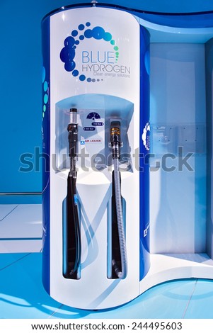 DETROIT - JANUARY 13: A Blue Hydrogen hydrogen fuel dispenser on display January 13th, 2015 at the 2015 North American International Auto Show in Detroit, Michigan.