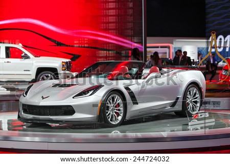 DETROIT JANUARY 15 The Corvette Z06 convertible on display January 13th 2015 at the 2015 North American International Auto Show in Detroit Michigan DETROIT JANUARY 15 The Corvette Z06 convertible on display January 13th 2015 at the 2015 North American International Auto Show in Detroit Michigan