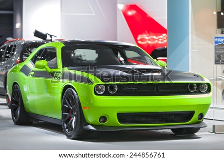 DETROIT - JANUARY 15: A Dodge Challenger on display January 15th, 2015 at the 2015 North American International Auto Show in Detroit, Michigan.