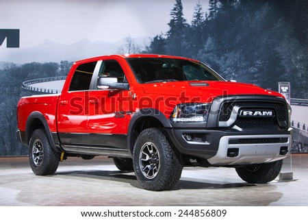 DETROIT - JANUARY 15: A Didge Ram 1500 pickup truck on display January 15th, 2015 at the 2015 North American International Auto Show in Detroit, Michigan.
