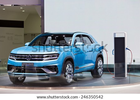 DETROIT - JANUARY 15: The Volkswagen Cross Coupe electric concept on display January 15th, 2015 at the 2015 North American International Auto Show in Detroit, Michigan.