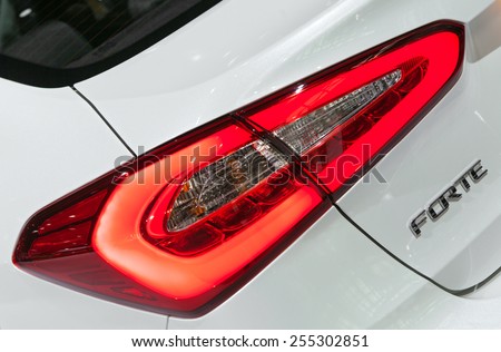 Chicago - February 13: A Kia Forte brake light detail February 13th, 2015 at the 2015 Chicago Auto Show in Chicago, Illinois.