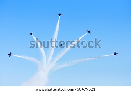CLEVELAND, OHIO - SEPT 5: The Blue Angels make a formation in the sky at the Cleveland National Airshow SEPTEMBER 5, 2010 at the Burke International Airport in Cleveland, Ohio.