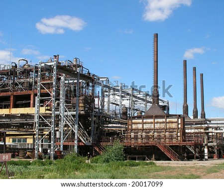 Industrial landscape. Reactors of pyrolysis on a chemical plant
