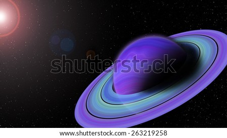 Planet with ring and air space with rising sun Planet with ring and air space with rising sun