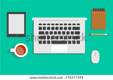 Set of Flat vector design illustration of business office and workspace. Top view of desk background with laptop, office objects with notepad