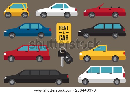 Vector set of different types of cars for rent with car key.