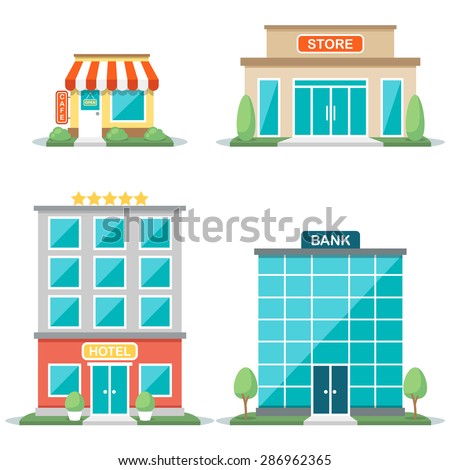 Vector illustration of different types of buildings: cafe, store, hotel, bank. Isolated on white background. Flat design style. Eps 10.