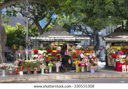 Malaga, Spain - January 26, 2015: Alameda Principal flower stalls on sidewalk