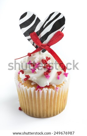 Closeup, delicious, sweet, icing mini cupcake with valentine\'s decoration